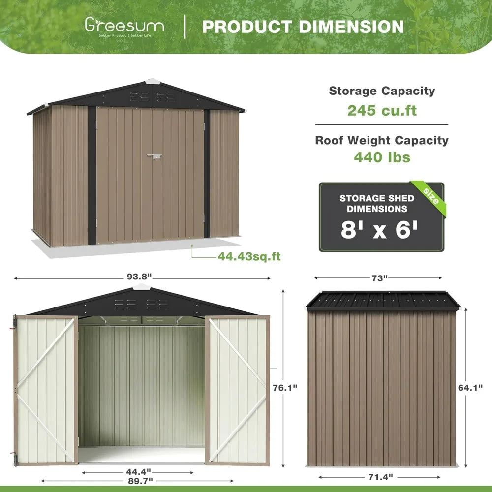"6x8 foot outdoor metal utility shed with door and lock for garden and patio storage, brown"