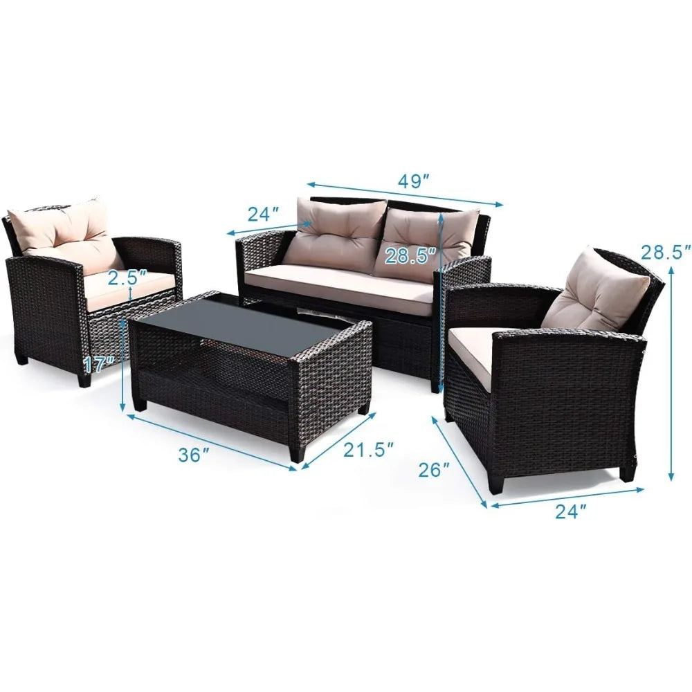 4-Piece Patio Furniture Set, Rattan Wicker Chair Set w/1 Loveseat, 2 Single Sofas, 1 Coffee Table with Tempered Glass Top