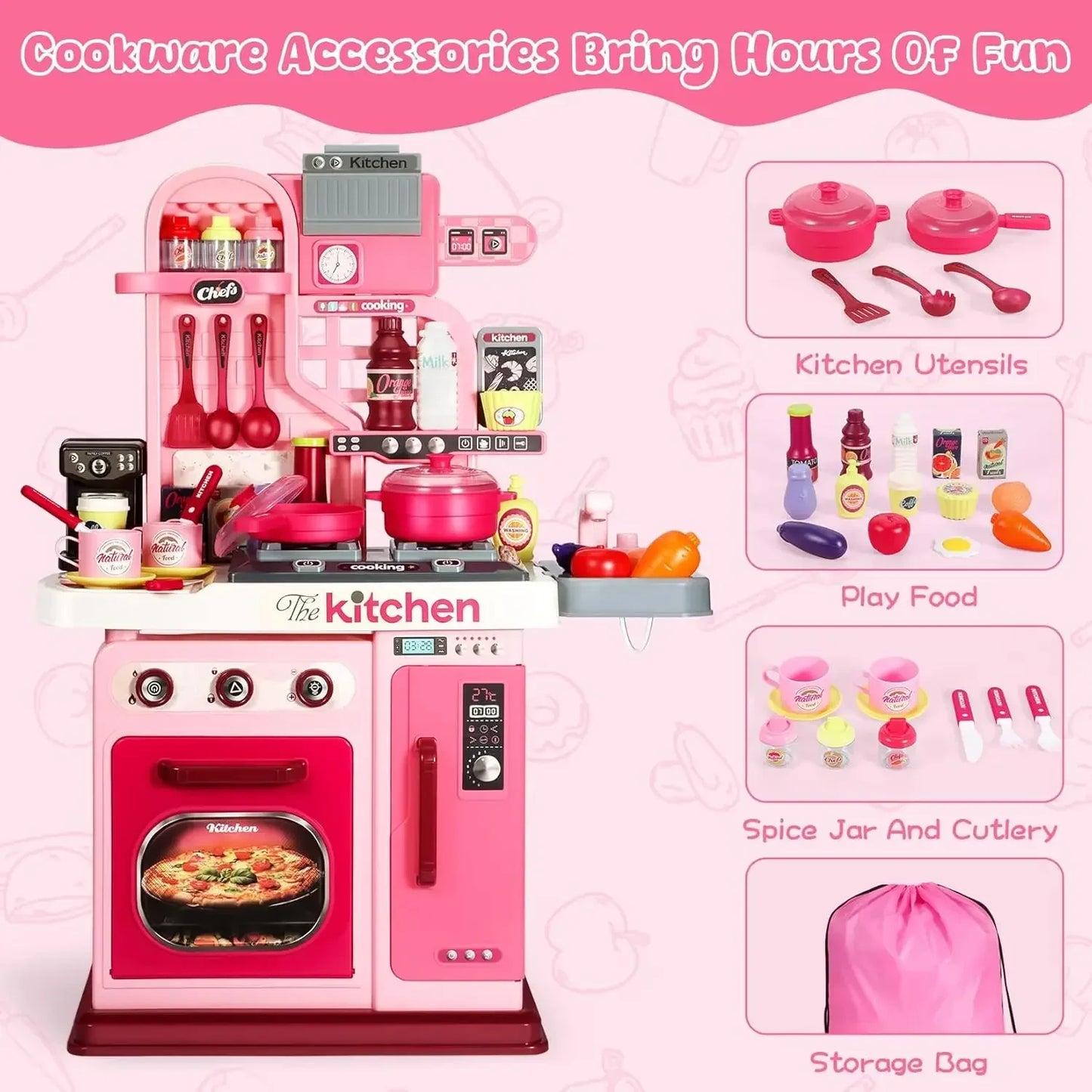 Kids Kitchen Playset ,Kitchen Set for Toddlers 1-3 3-5, Cooking Stove, Play Sink and Kitchen Accessories, Toy Kitchen (Pink)