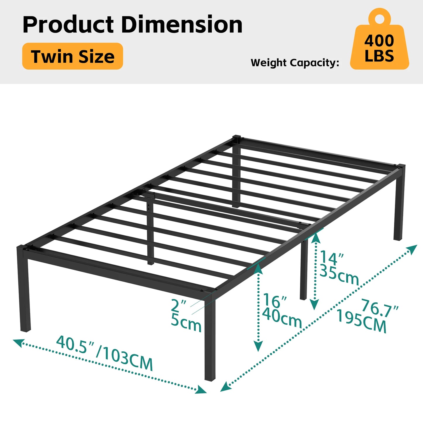 16 Inch Twin Bed Frame Heavy Duty Metal Platform Bed with Underbed Storage, No Box Spring Needed, Easy Assembly