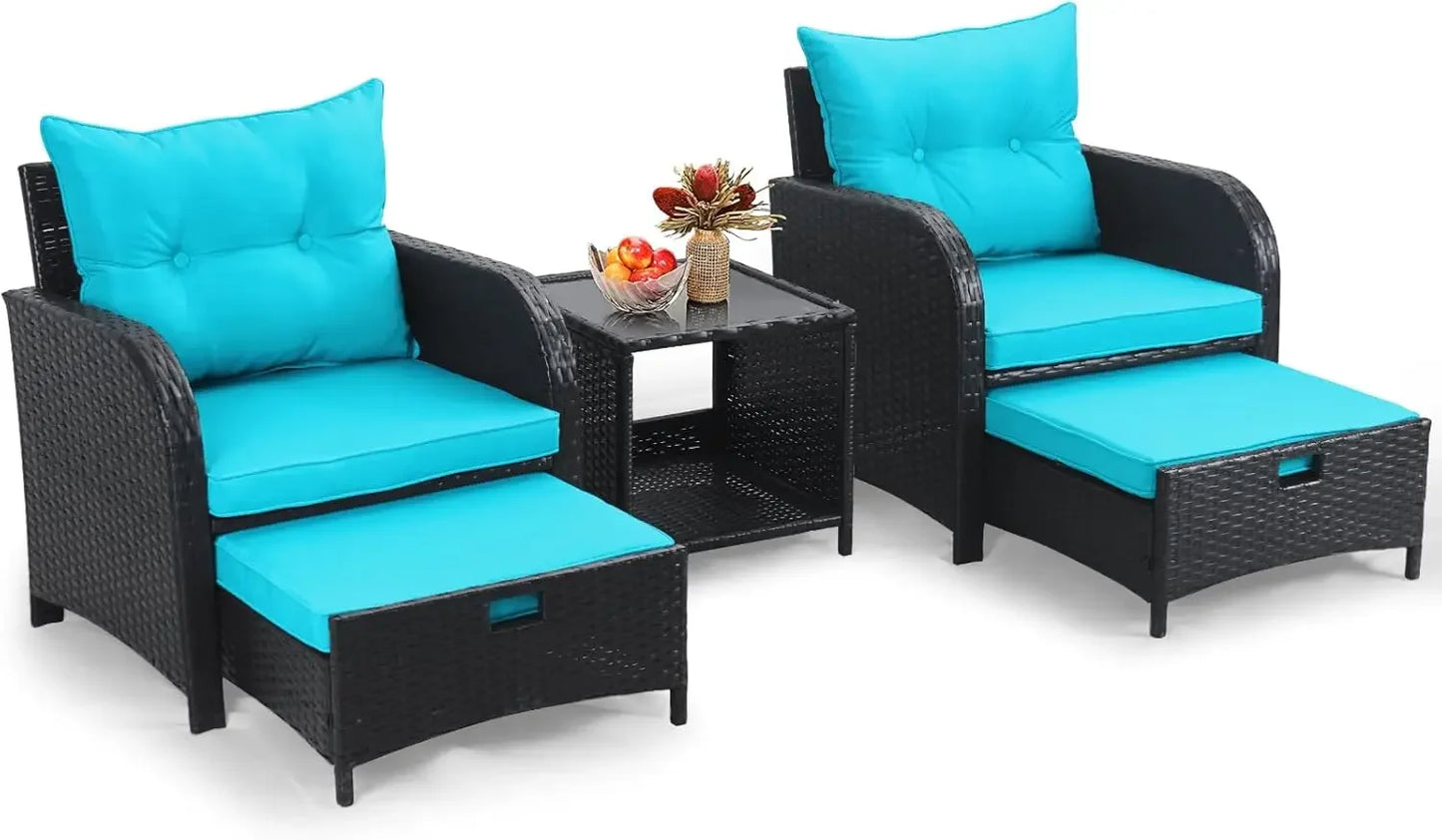 5 Pieces Wicker Outdoor Patio Chairs Set with Ottoman, Patio Furniture Set with Foot Rest Underneath, PE Rattan Garden Arm Chair