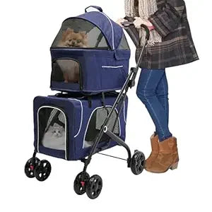 Double Pet Stroller,3.07lbs Dog Cat Carrying Cart,Lightweight Foldable Pet Stroller with 4 Wheels,Blue Portable Compact Pet Trav