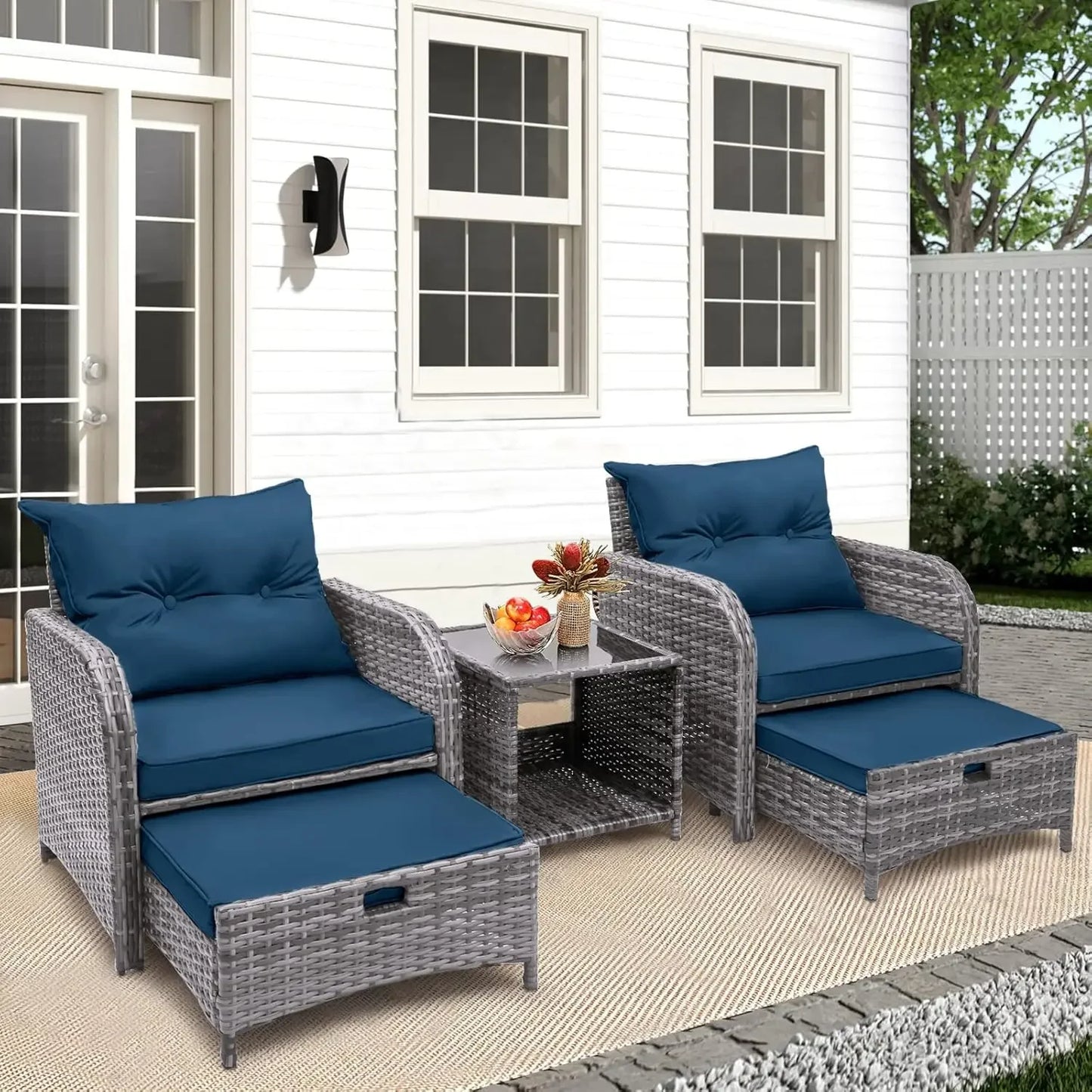 5 Pieces Wicker Outdoor Patio Chairs Set with Ottoman, Patio Furniture Set with Foot Rest Underneath, PE Rattan Garden Arm Chair