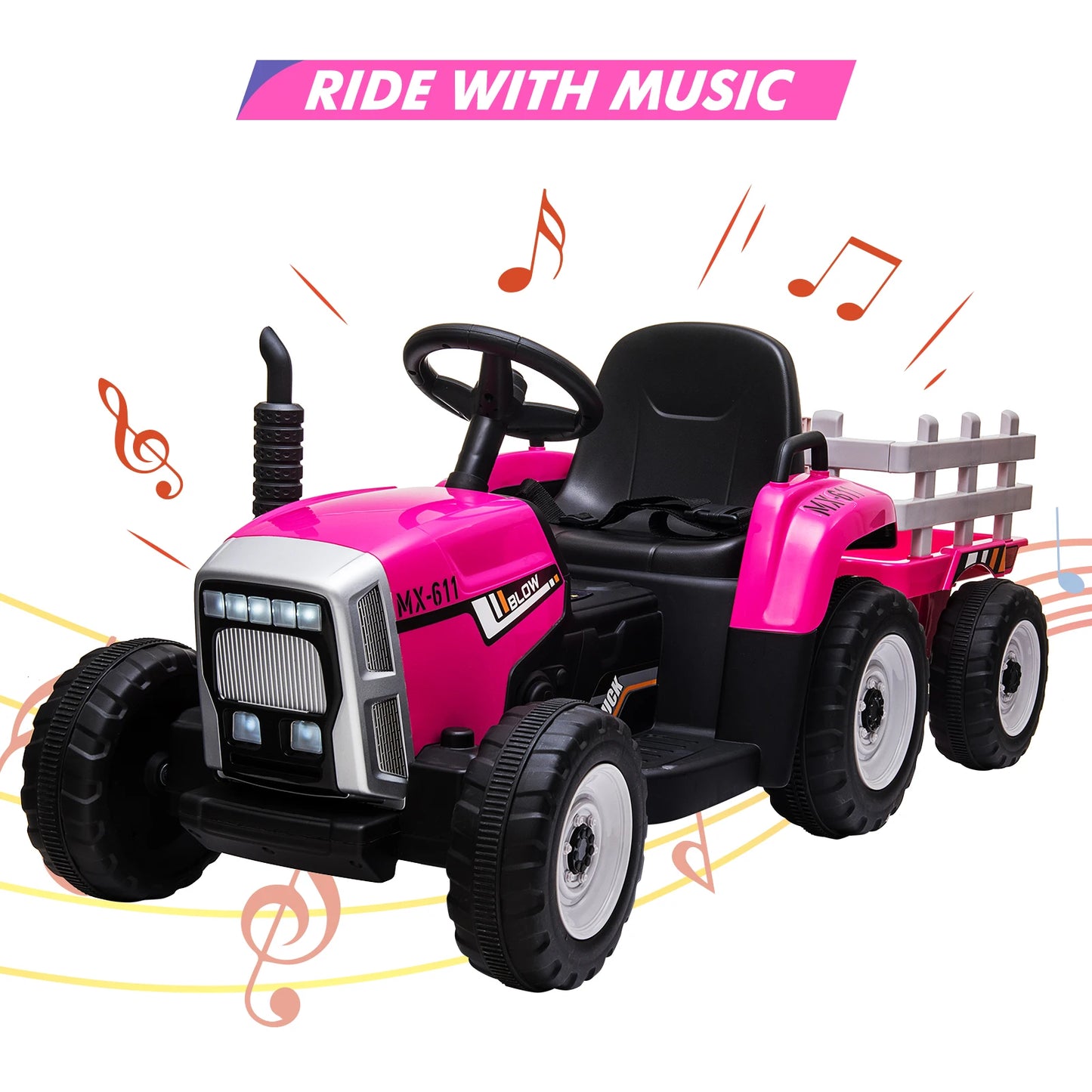 12V Kids Ride On Tractor with Trailer & Remote Control Electric Vehicle Car 2+1 Gear Shift,Music for 3-6 Years Children 25W