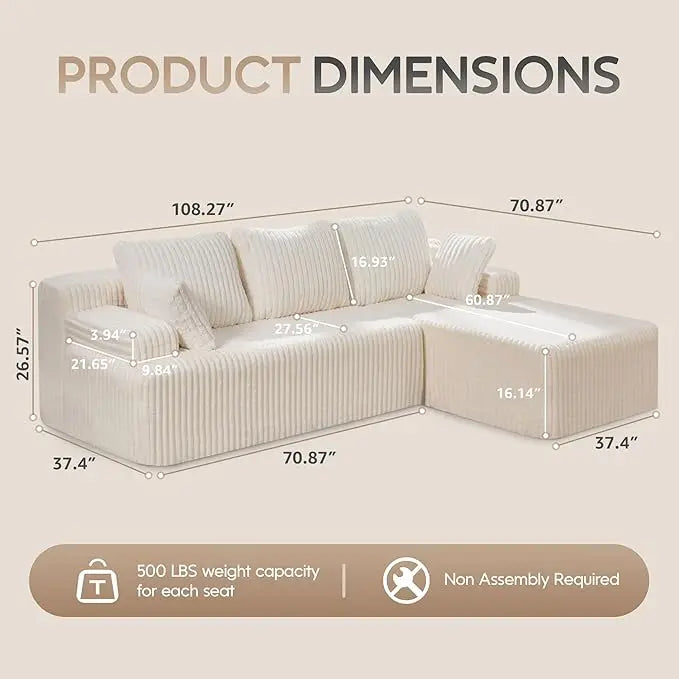 Modular L-Shaped 3-Seat Sectional | Memory Foam with Deep Seating & Storage Modules | Living Room Sofa