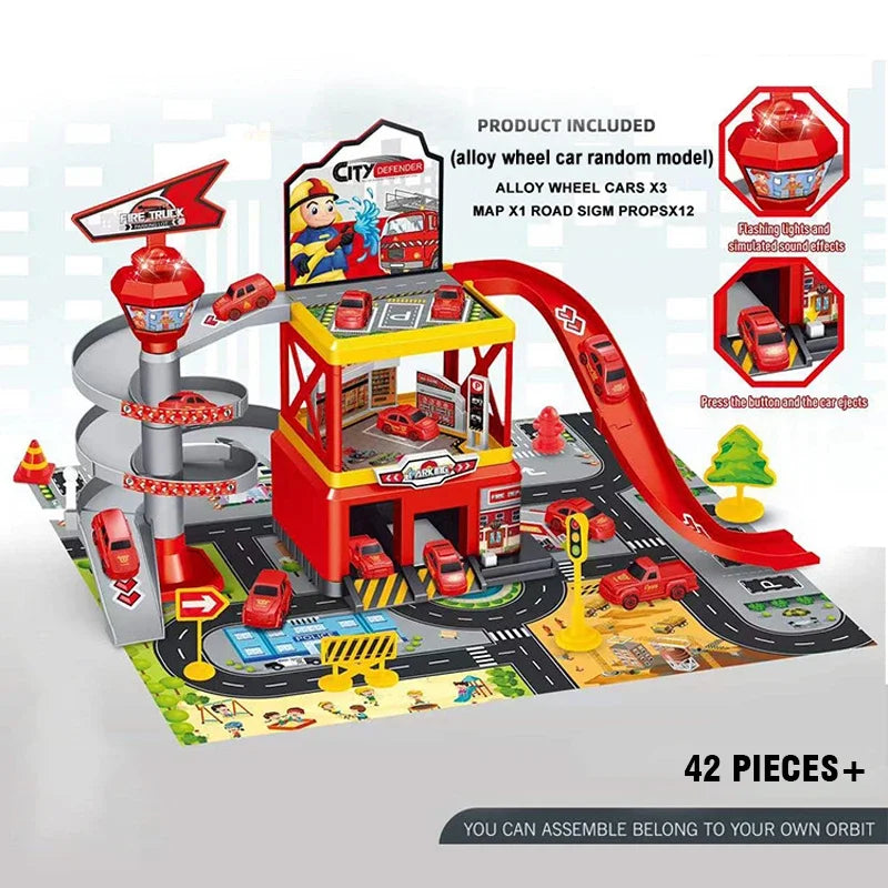 Rail Car Parking Kits DIY Assembled Runway Inertia Racing Track Cars Model Engineering Fire Vehicle Toys For Children Boys Gifts