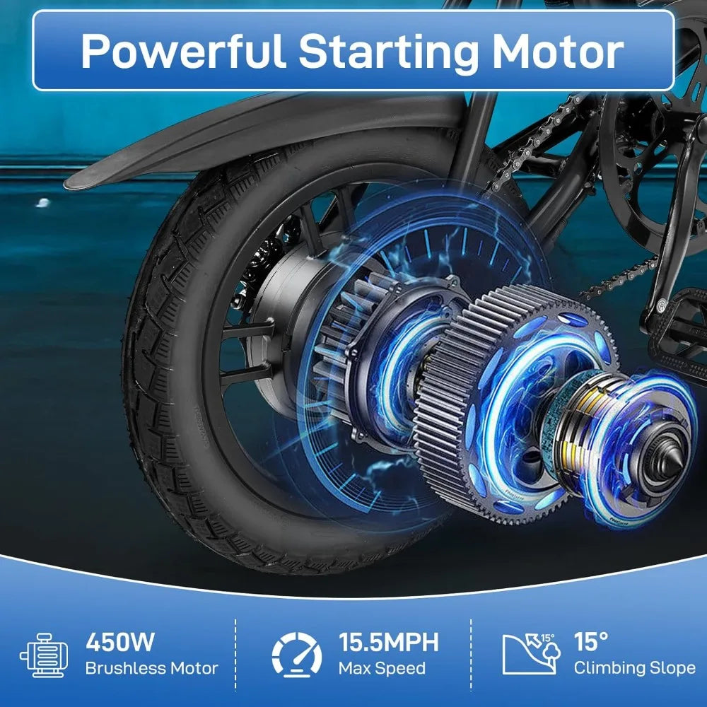 Electric Bike for Adults, 14" Folding Electric Bicycle 450W Motor with Dual Disc Brakes, Max Range 25Miles(Pedal-Assist)