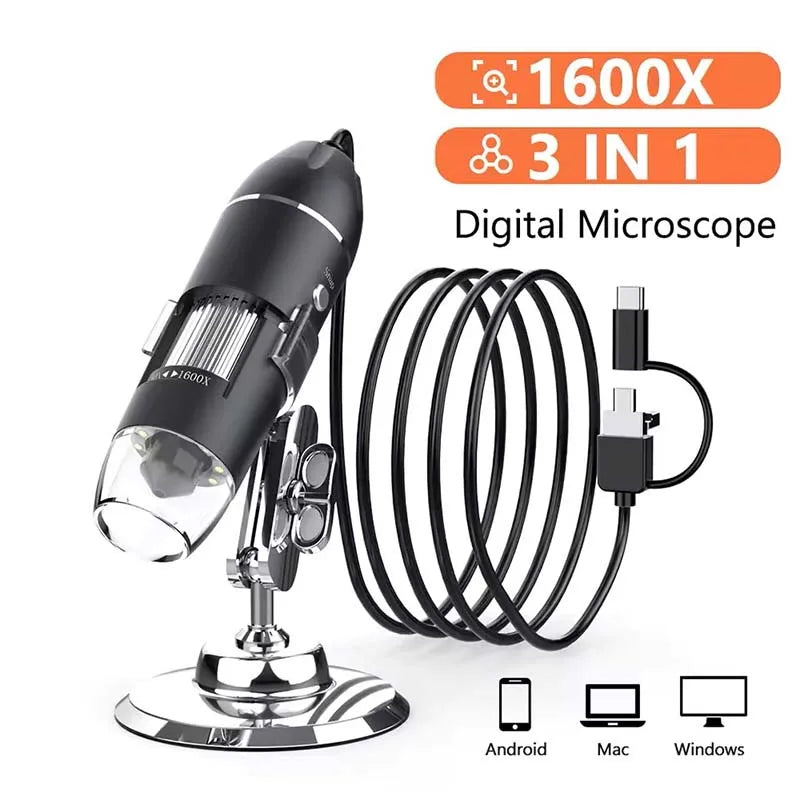 1600X Digital Microscope 3in1 TypeC USB Professional Electronic Microscope With 8LED Endoscope Camera Magnifier For Soldering