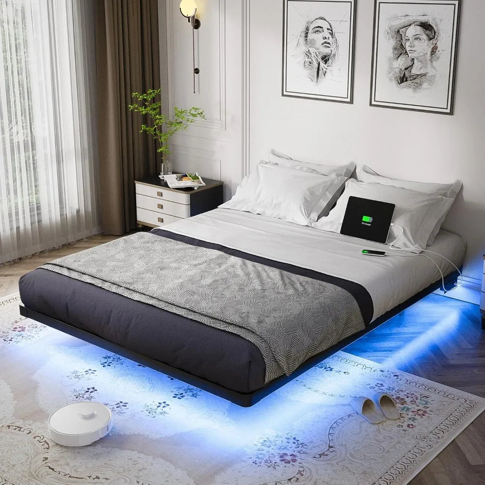 Floating Bed Frame Queen Size with Smart LED Lights and Charging Station - Modern Metal Platform Bed, Easy Assembly No Box