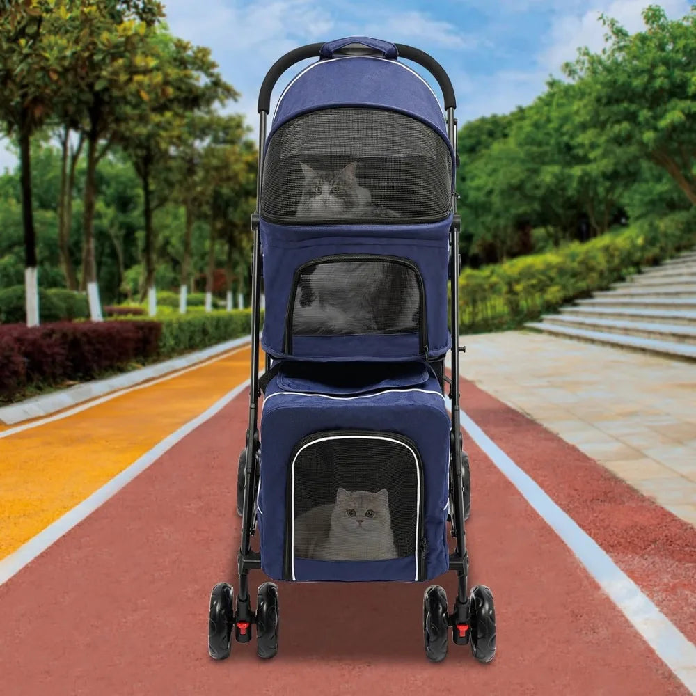 Double Pet Stroller,3.07lbs Dog Cat Carrying Cart,Lightweight Foldable Pet Stroller with 4 Wheels,Blue Portable Compact Pet Trav