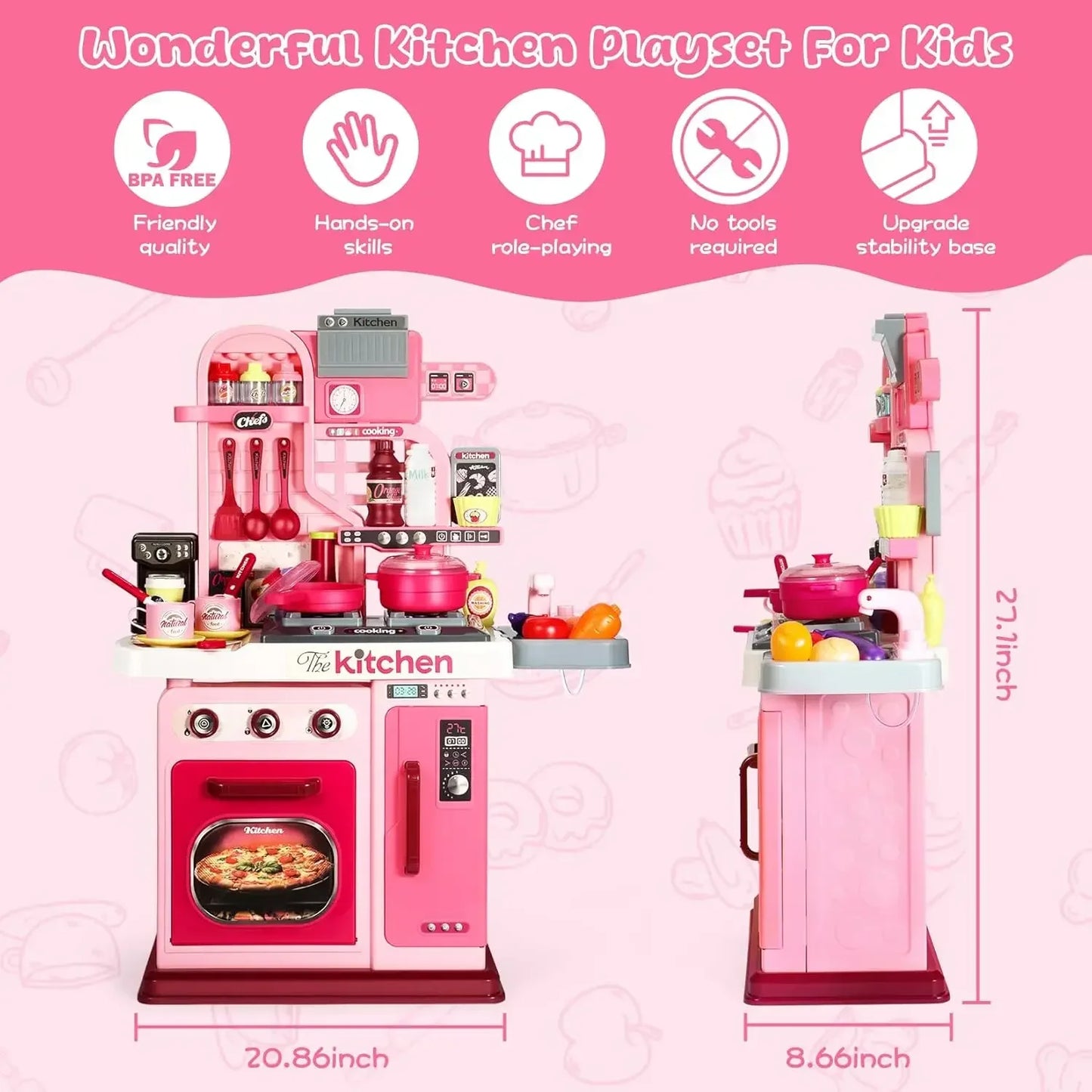 Kids Kitchen Playset ，Kitchen Set for Toddlers 1-3 3-5, Cooking Stove, Play Sink and Kitchen Accessories, Toy Kitchen (Pink)