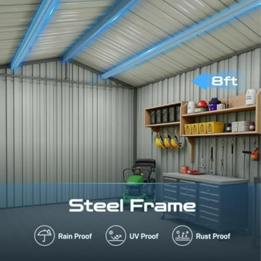 "durable metal outdoor storage shed with ventilation, windows, secure doors, and sloped roof for garden tools and waterproof bic