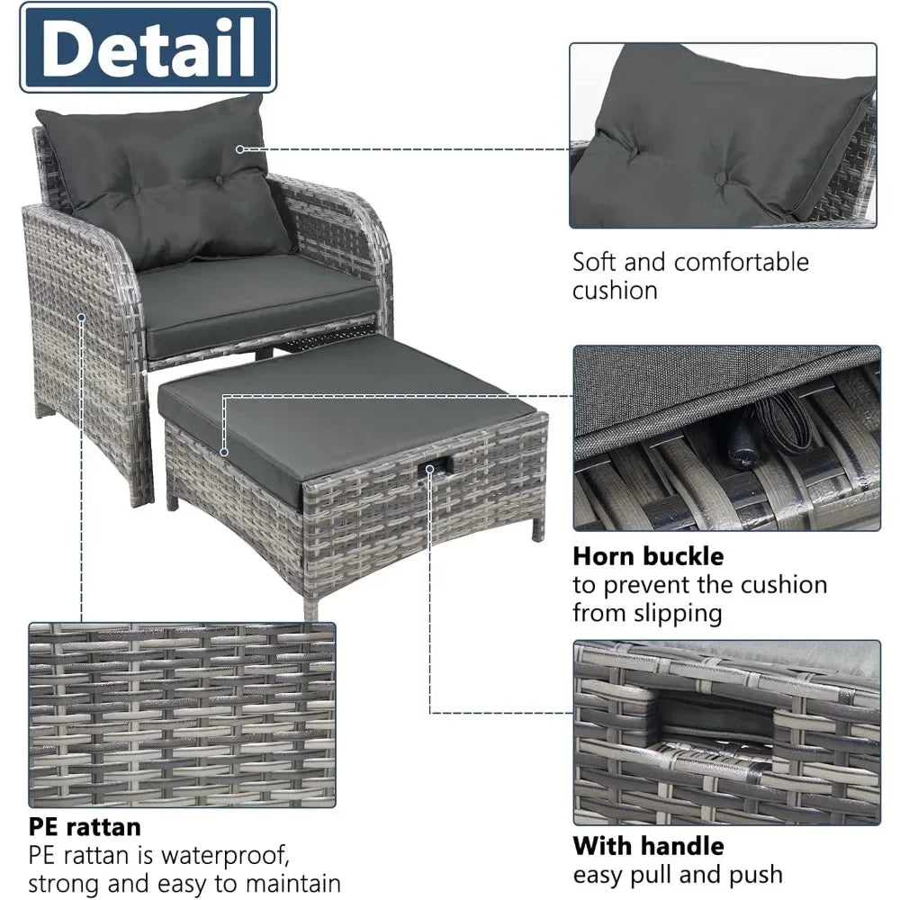 5 Pieces Wicker Outdoor Patio Chairs Set with Ottoman, Patio Furniture Set with Foot Rest Underneath, PE Rattan Garden Arm Chair