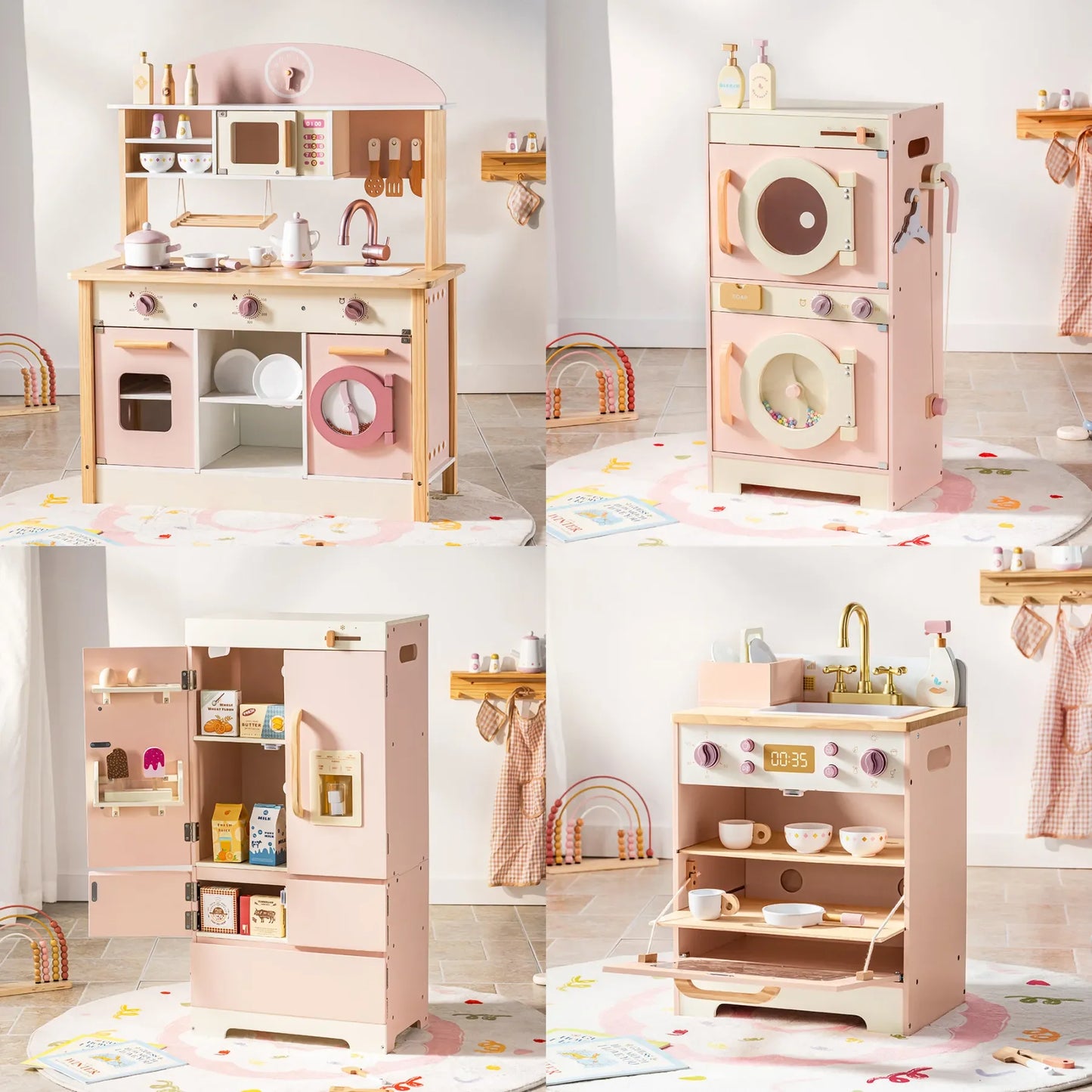 Robotime Robud Kids Corner Kitchen Playset Wooden Play Kitchen Set with Realistic Sound Pretend Play Gift for Boys Girls Pink