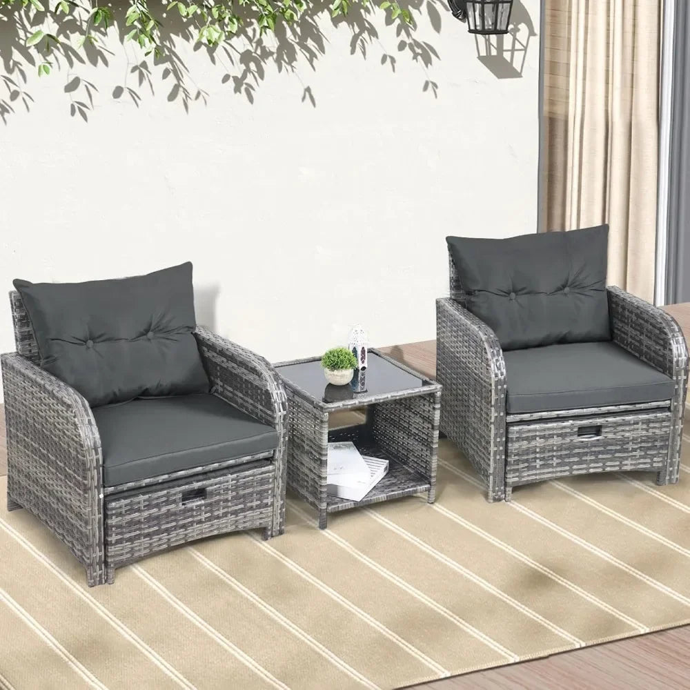 5 Pieces Wicker Outdoor Patio Chairs Set with Ottoman, Patio Furniture Set with Foot Rest Underneath, PE Rattan Garden Arm Chair