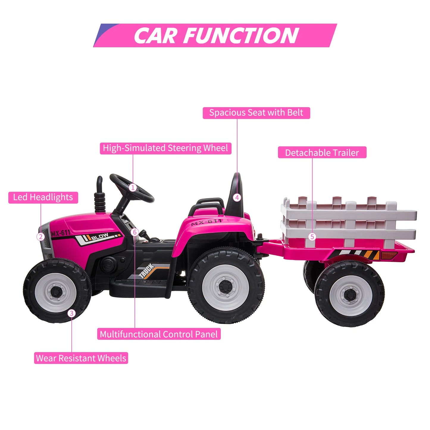 12V Kids Ride On Tractor with Trailer & Remote Control Electric Vehicle Car 2+1 Gear Shift,Music for 3-6 Years Children 25W