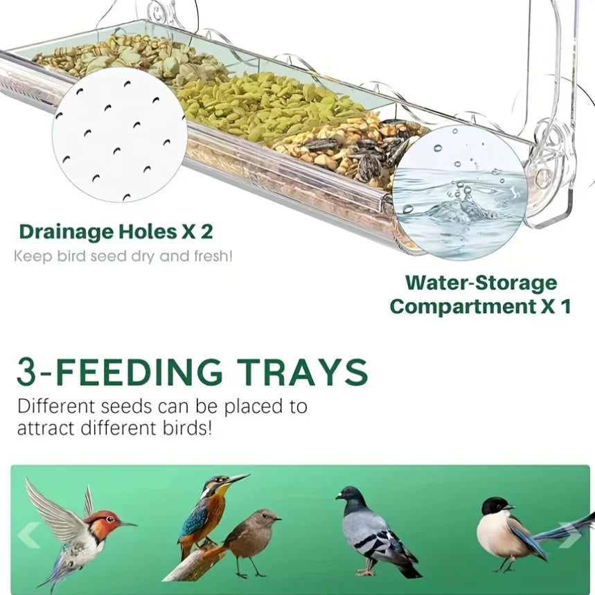 Indestructible Large Window Bird Feeder with Removable Seed & Water Tray, for Wild Birds with 4 Super Strong Adhesive Hooks + 4