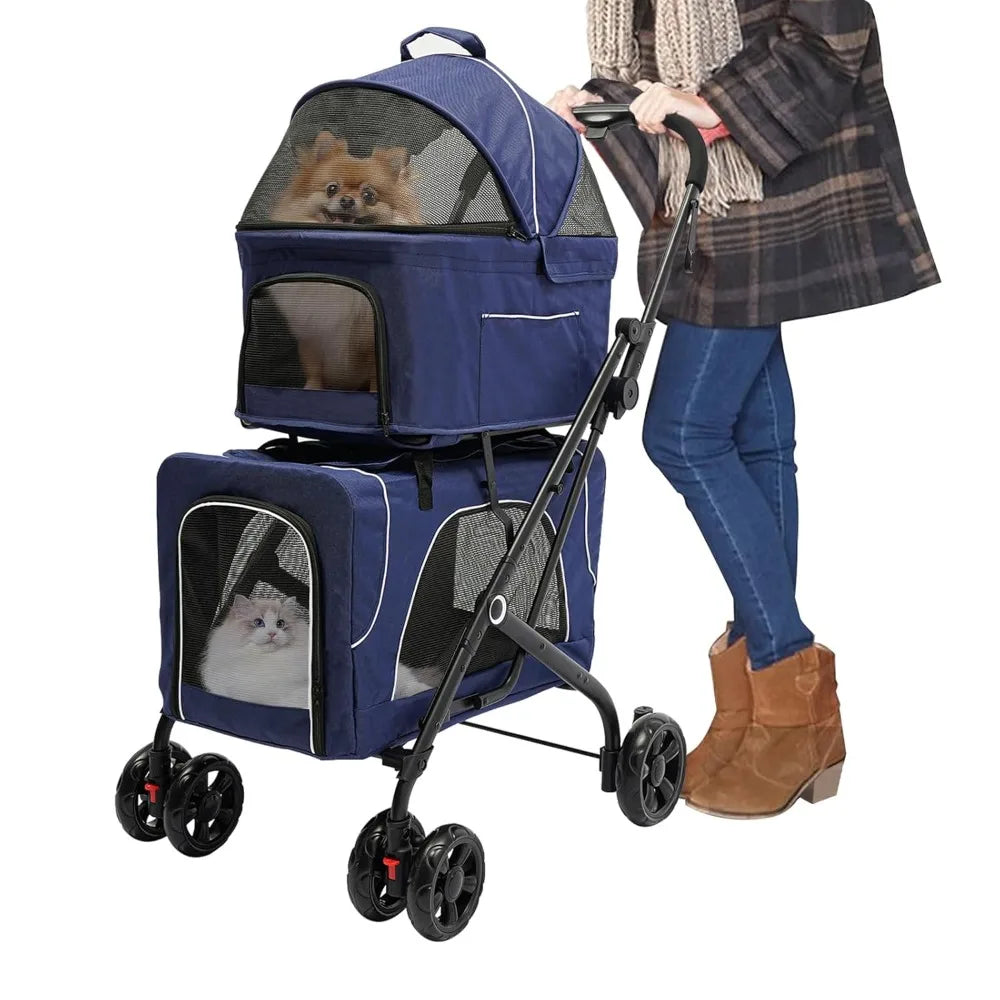 Double Pet Stroller,3.07lbs Dog Cat Carrying Cart,Lightweight Foldable Pet Stroller with 4 Wheels,Blue Portable Compact Pet Trav