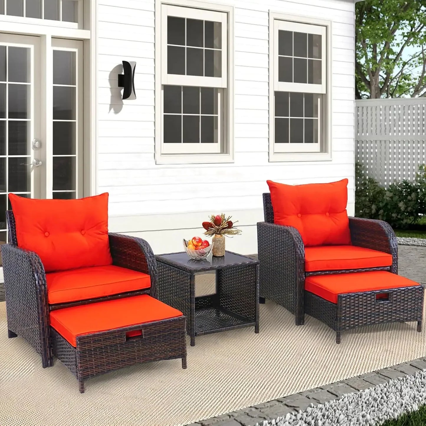5 Pieces Wicker Outdoor Patio Chairs Set with Ottoman, Patio Furniture Set with Foot Rest Underneath, PE Rattan Garden Arm Chair
