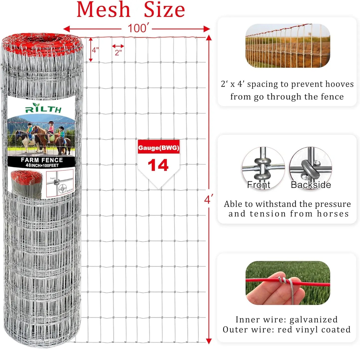 Heavy Duty Farm Fence 4x100FT, 2x4 Inch Mesh, Durable No-Climb Horse Fencing for Cattle, Goats,Sheep,Large Dogs