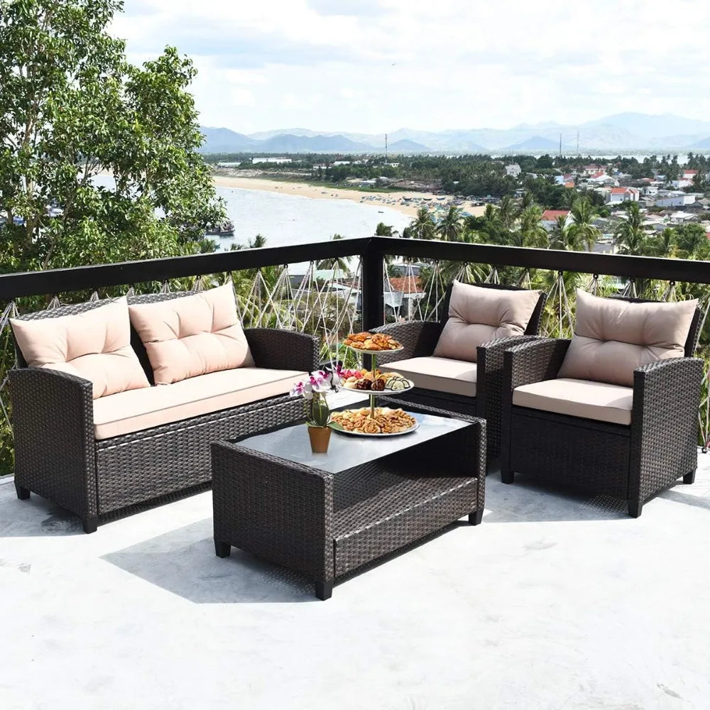 4-Piece Patio Furniture Set, Rattan Wicker Chair Set w/1 Loveseat, 2 Single Sofas, 1 Coffee Table with Tempered Glass Top