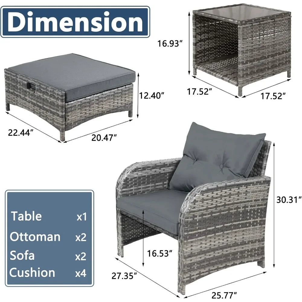 5 Pieces Wicker Outdoor Patio Chairs Set with Ottoman, Patio Furniture Set with Foot Rest Underneath, PE Rattan Garden Arm Chair