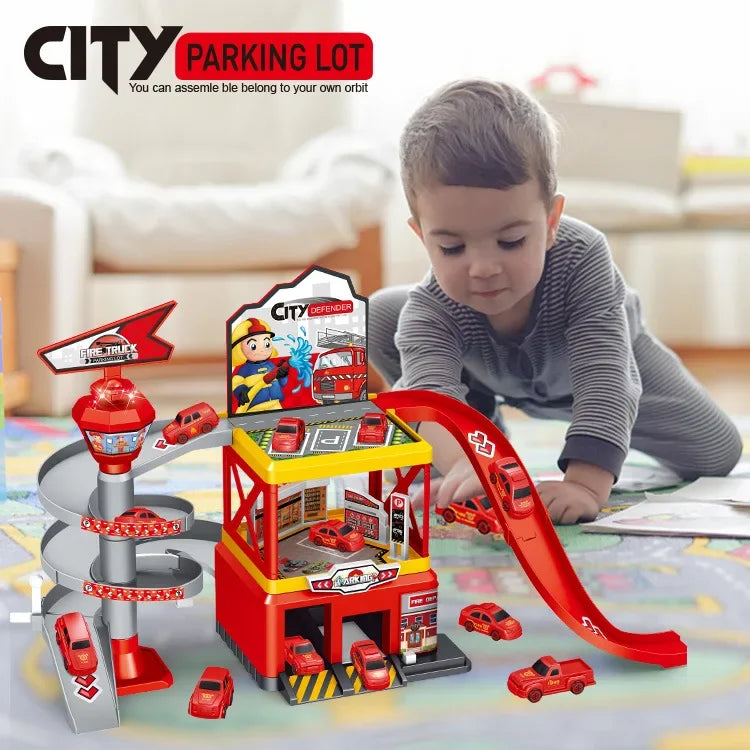 Rail Car Parking Kits DIY Assembled Runway Inertia Racing Track Cars Model Engineering Fire Vehicle Toys For Children Boys Gifts