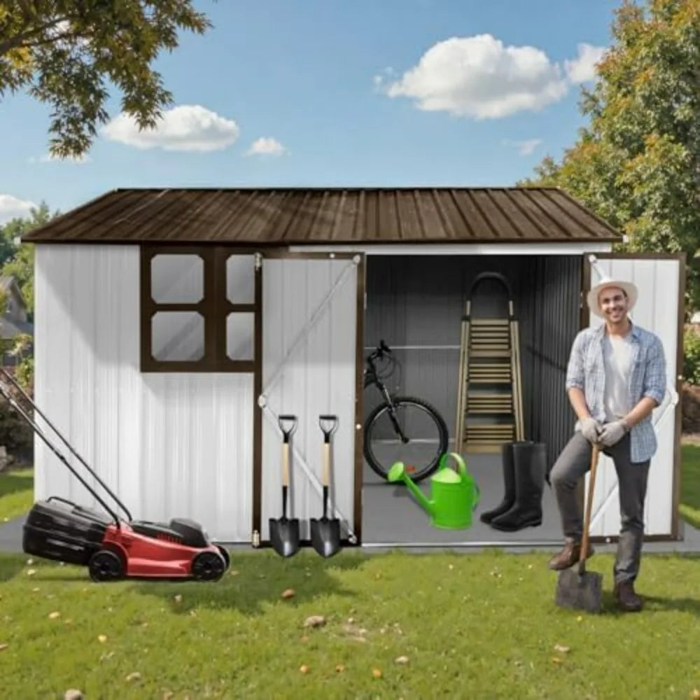 "durable metal outdoor storage shed with ventilation, windows, secure doors, and sloped roof for garden tools and waterproof bic