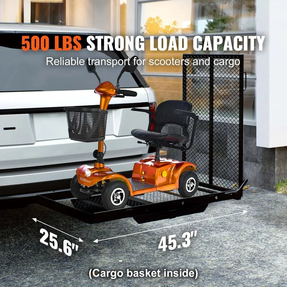 Hitch Mount Cargo Carrier, 45.3" x 25.6" Iron Cargo Rack with Folding Ramp, Stabilizer & Straps, 500 lbs Mobility Scooter Carri