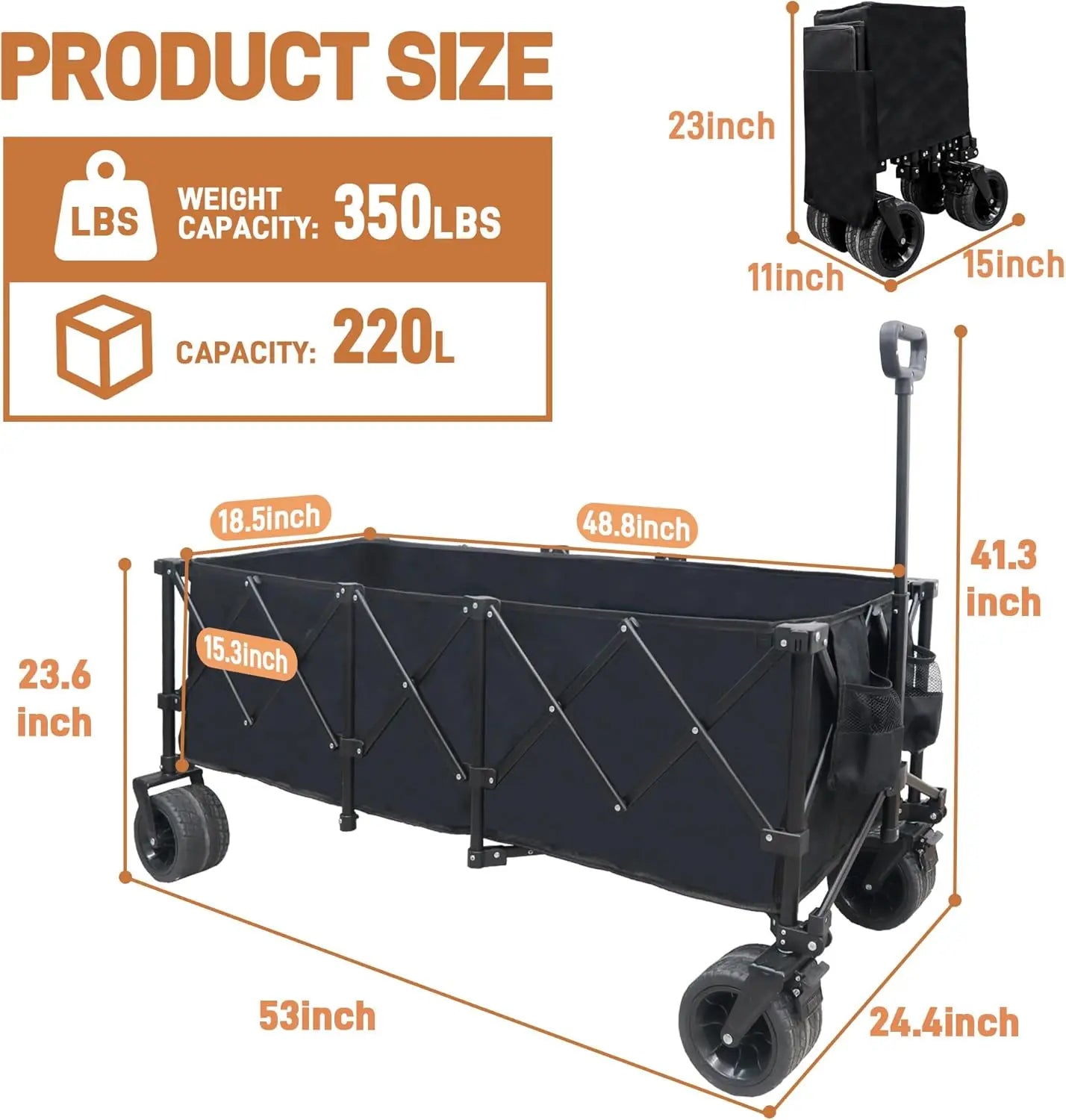 220L Collapsible Foldable Wagon with 350lbs Weight Capacity, Beach Wagon with All-Terrain Wheels & Drink Holders, Heavy Duty Fol