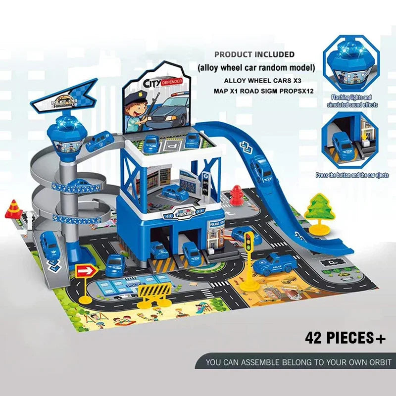 Rail Car Parking Kits DIY Assembled Runway Inertia Racing Track Cars Model Engineering Fire Vehicle Toys For Children Boys Gifts