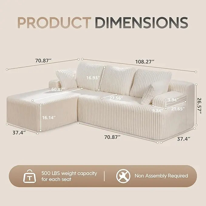 Modular L-Shaped 3-Seat Sectional | Memory Foam with Deep Seating & Storage Modules | Living Room Sofa