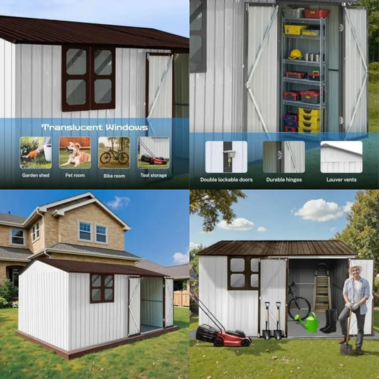 "durable metal outdoor storage shed with ventilation, windows, secure doors, and sloped roof for garden tools and waterproof bic