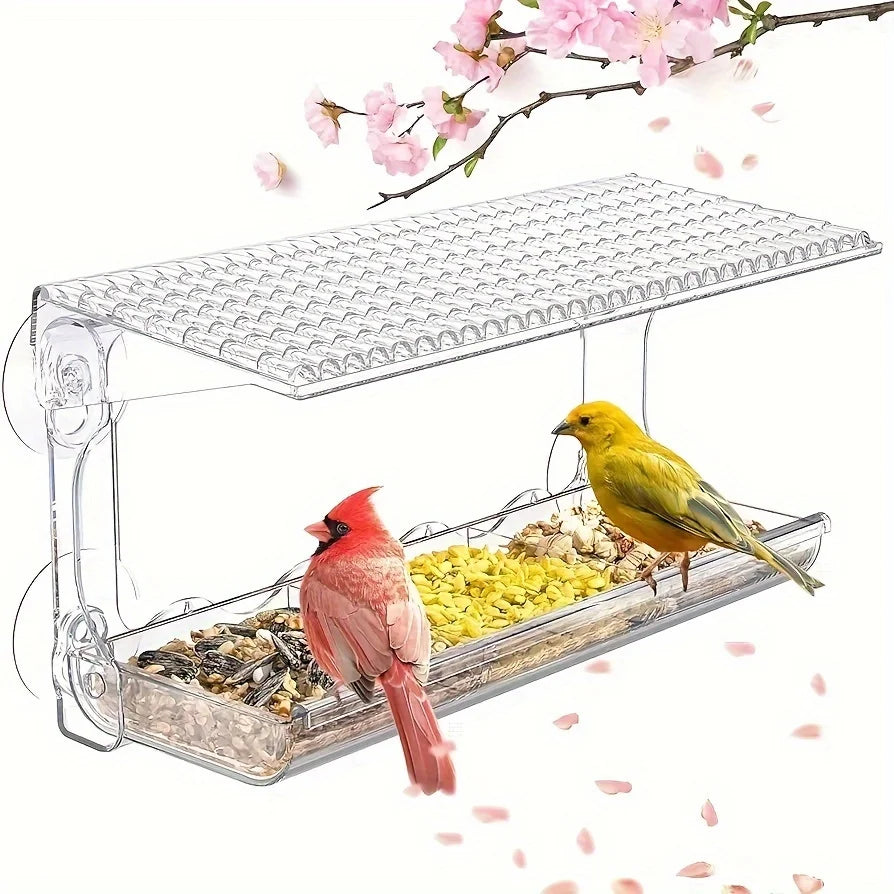 Indestructible Large Window Bird Feeder with Removable Seed & Water Tray, for Wild Birds with 4 Super Strong Adhesive Hooks + 4