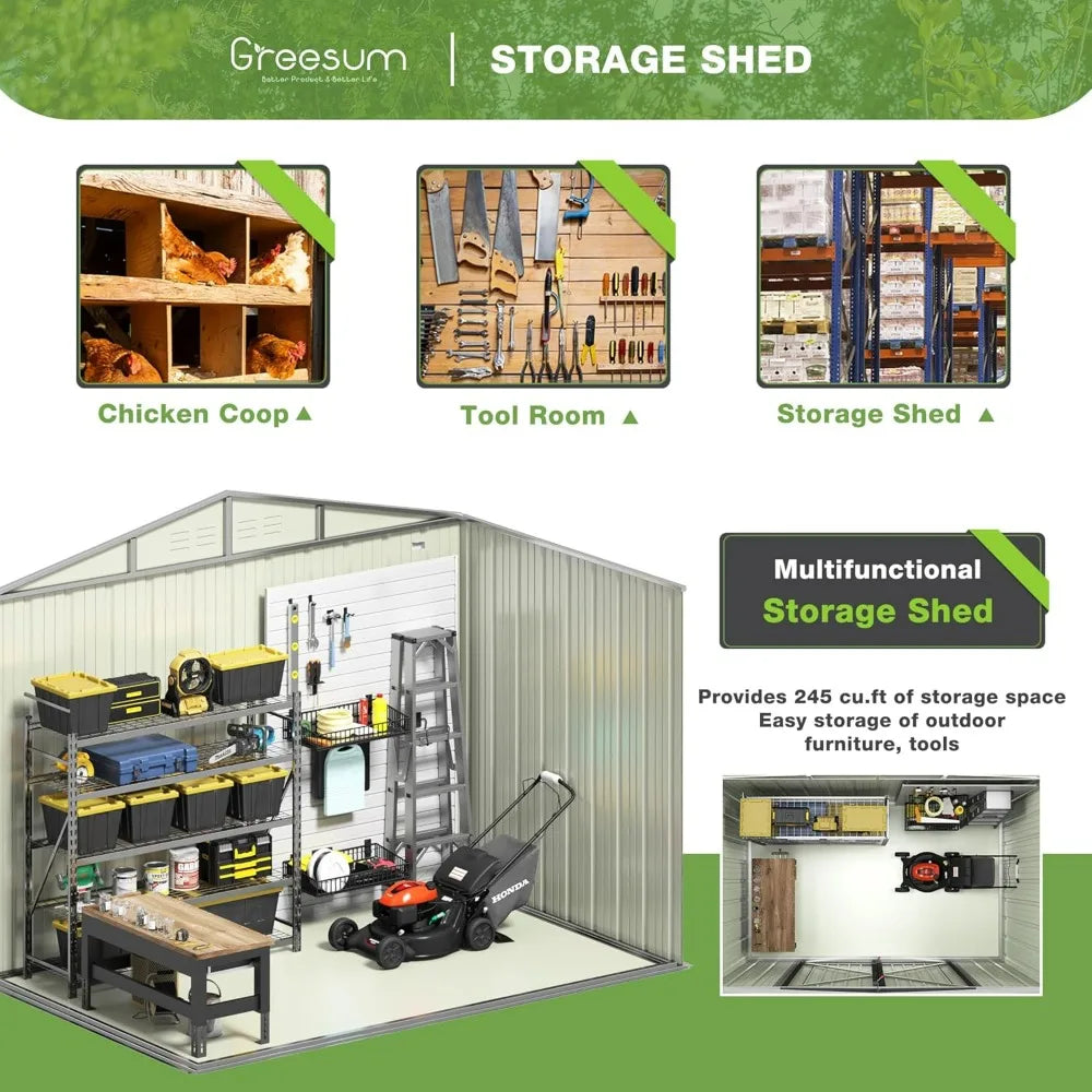 "6x8 foot outdoor metal utility shed with door and lock for garden and patio storage, brown"