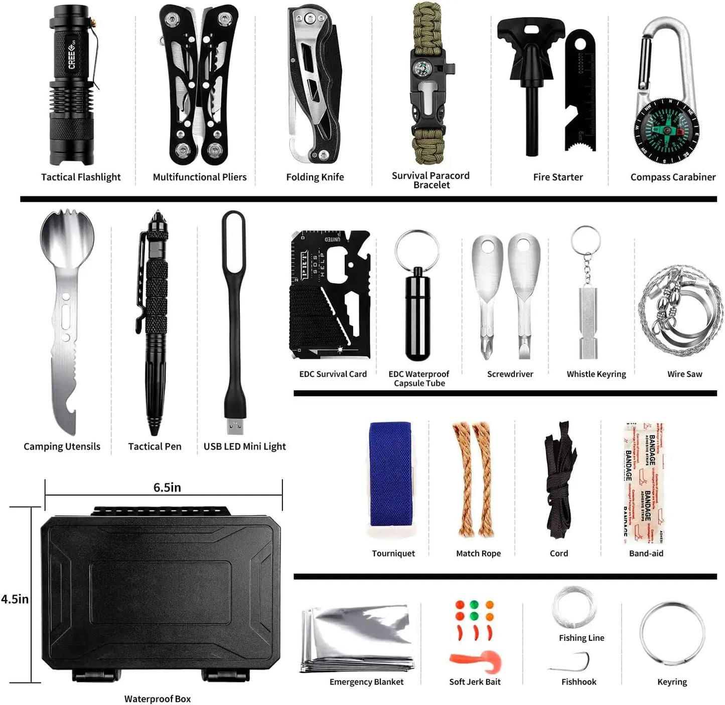 Emergency Survival Gear Kits 60 in 1, Outdoor Survival Tool with Emergency Bracelet Whistle Flashlight Pliers Pen Wire Saw