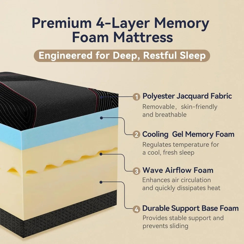 Mattress, 12 Inch Memory Foam Mattress for Pressure Relief, Medium Feel, Cooling Gel Memory Foam with Washable Co