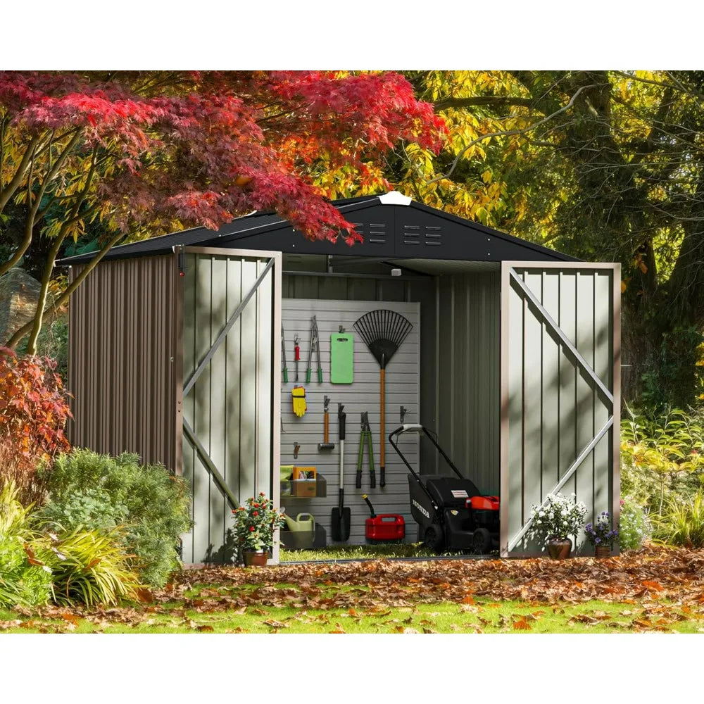 "6x8 foot outdoor metal utility shed with door and lock for garden and patio storage, brown"