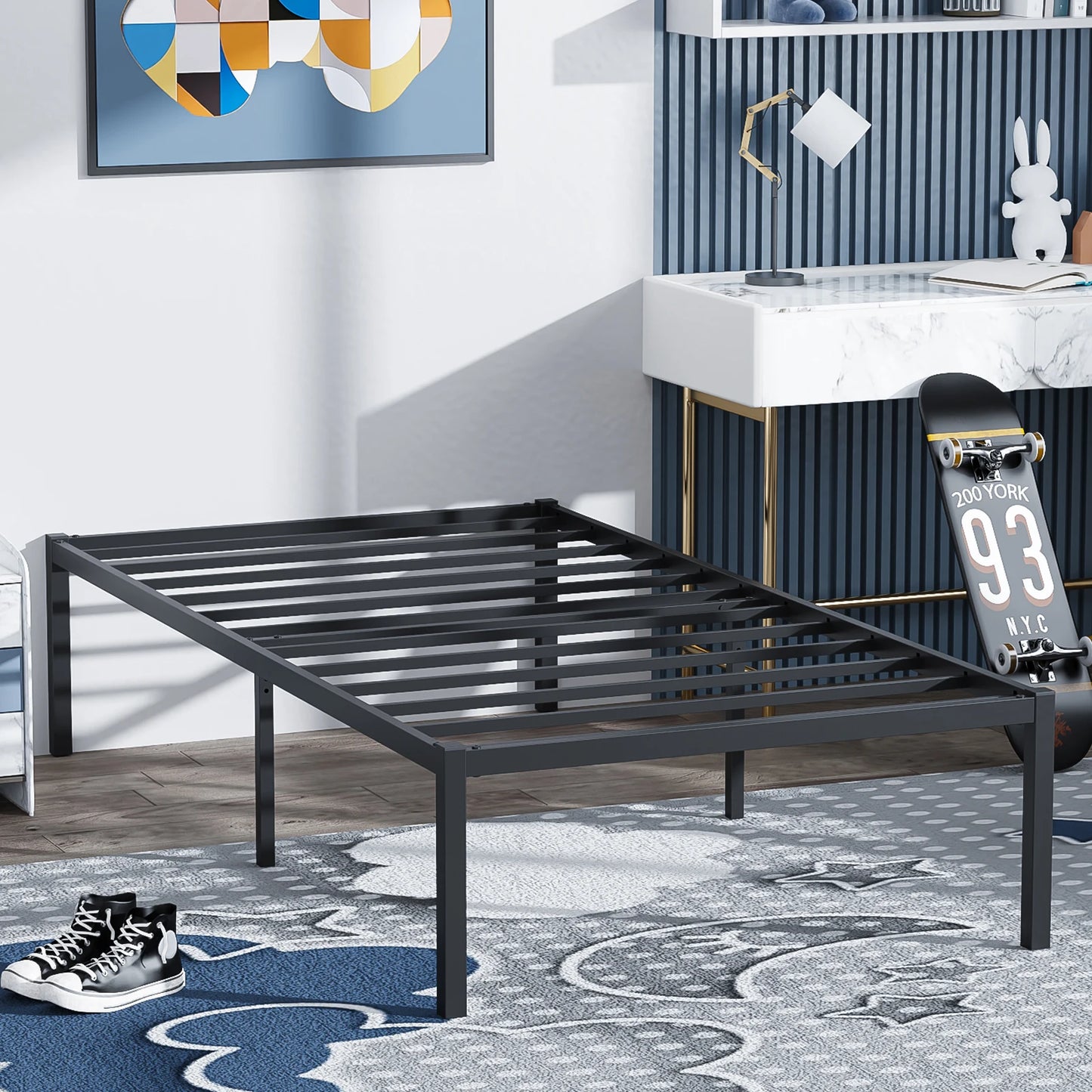 16 Inch Twin Bed Frame Heavy Duty Metal Platform Bed with Underbed Storage, No Box Spring Needed, Easy Assembly