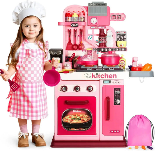 Kids Kitchen Playset ，Kitchen Set for Toddlers 1-3 3-5, Cooking Stove, Play Sink and Kitchen Accessories, Toy Kitchen (Pink)