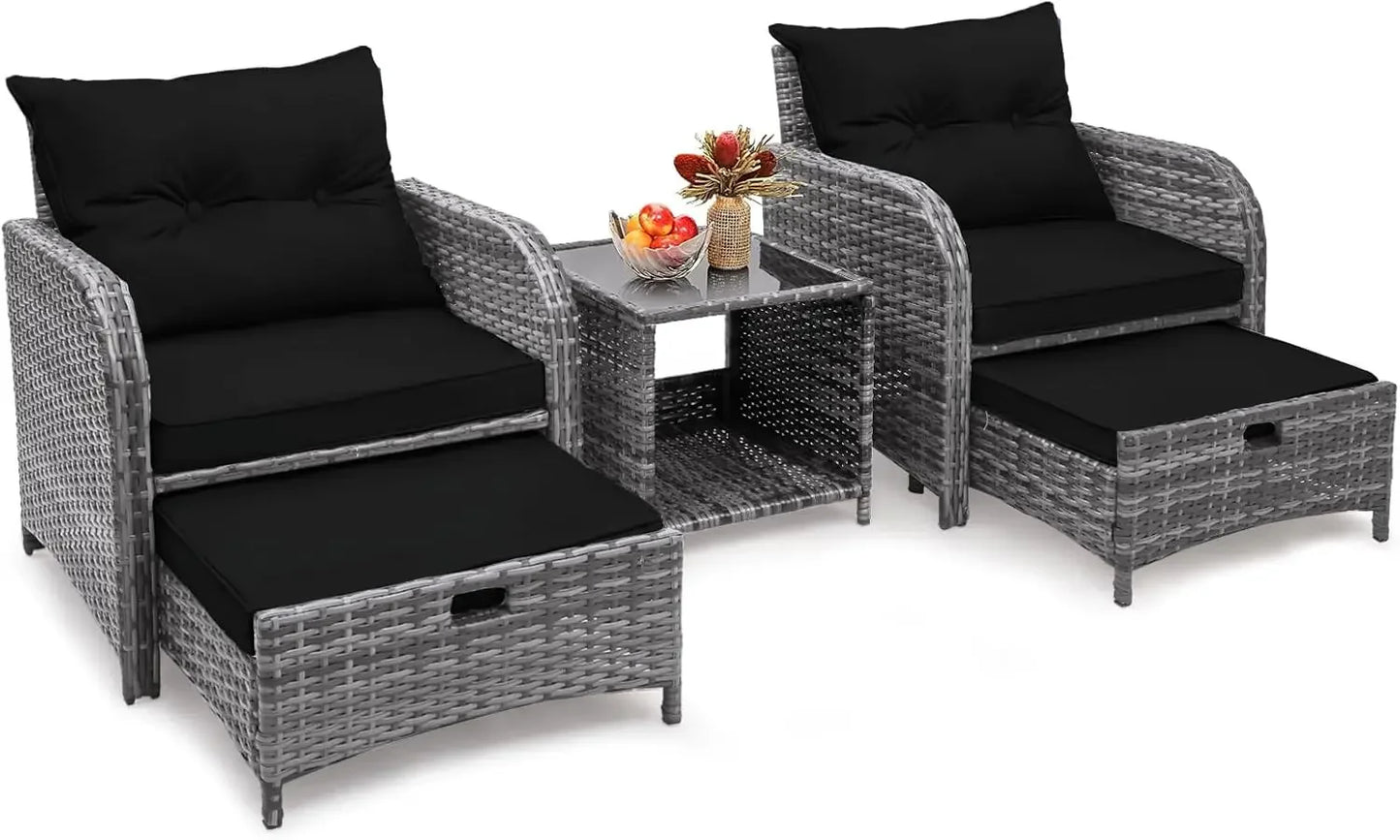 5 Pieces Wicker Outdoor Patio Chairs Set with Ottoman, Patio Furniture Set with Foot Rest Underneath, PE Rattan Garden Arm Chair