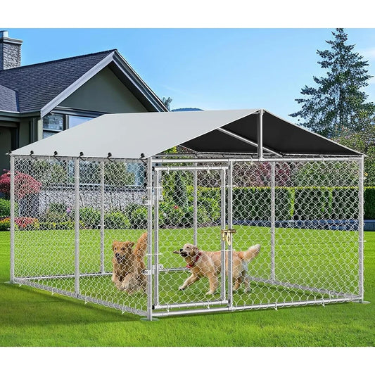 7.5'x7.5' Outdoor Dog Kennel with Metal Dog Gate, Outdoor Dog Pens with Roof, Heavy Duty Dog Kennel for Backyard Farm