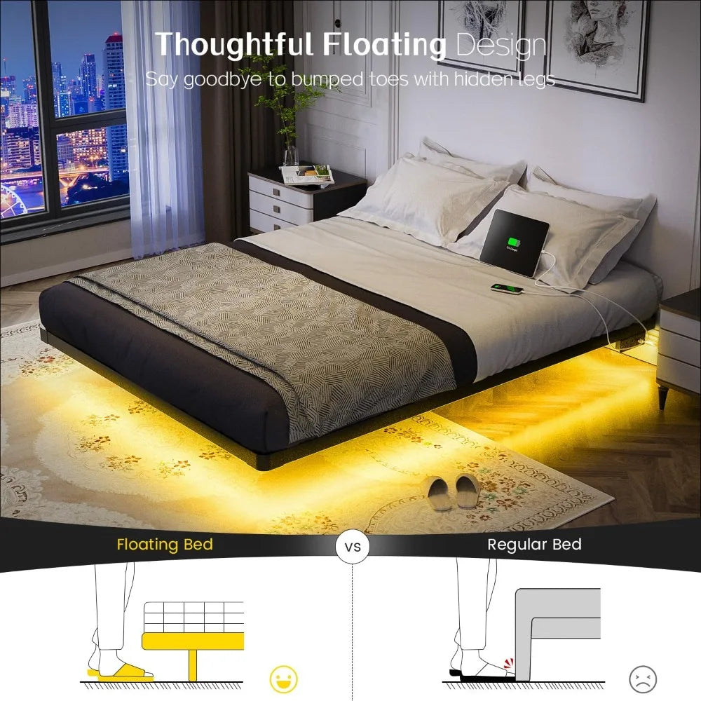 Floating Bed Frame Queen Size with Smart LED Lights and Charging Station - Modern Metal Platform Bed, Easy Assembly No Box