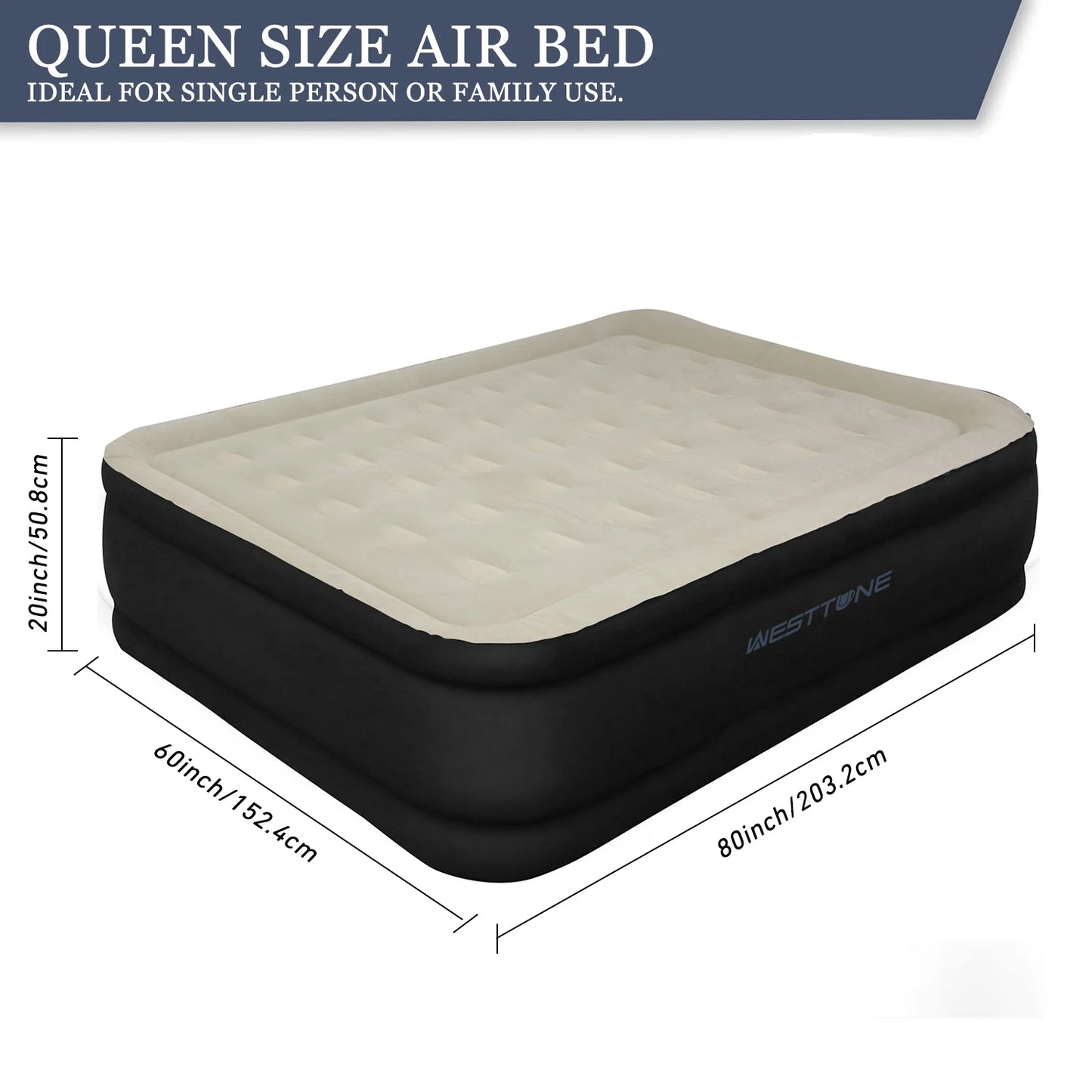 80x60x20in Queen Size Flocking Air Mattress With Built-in Pollow & High-Speed Pump for Home Camping Guests Luxury Double Airbed