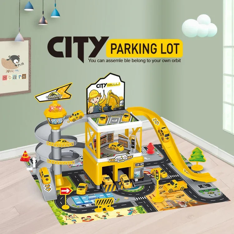 Rail Car Parking Kits DIY Assembled Runway Inertia Racing Track Cars Model Engineering Fire Vehicle Toys For Children Boys Gifts