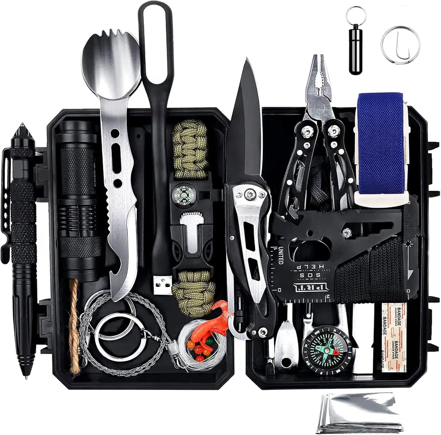 Emergency Survival Gear Kits 60 in 1, Outdoor Survival Tool with Emergency Bracelet Whistle Flashlight Pliers Pen Wire Saw