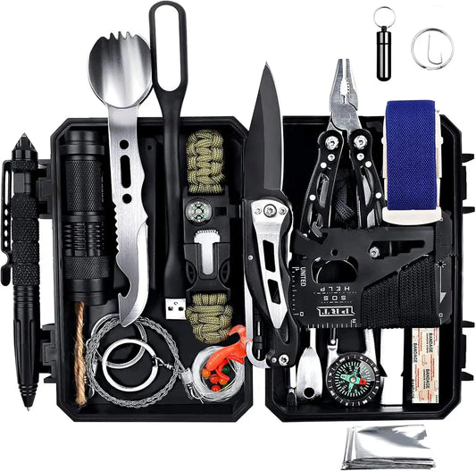 Emergency Survival Gear Kits 60 in 1, Outdoor Survival Tool with Emergency Bracelet Whistle Flashlight Pliers Pen Wire Saw