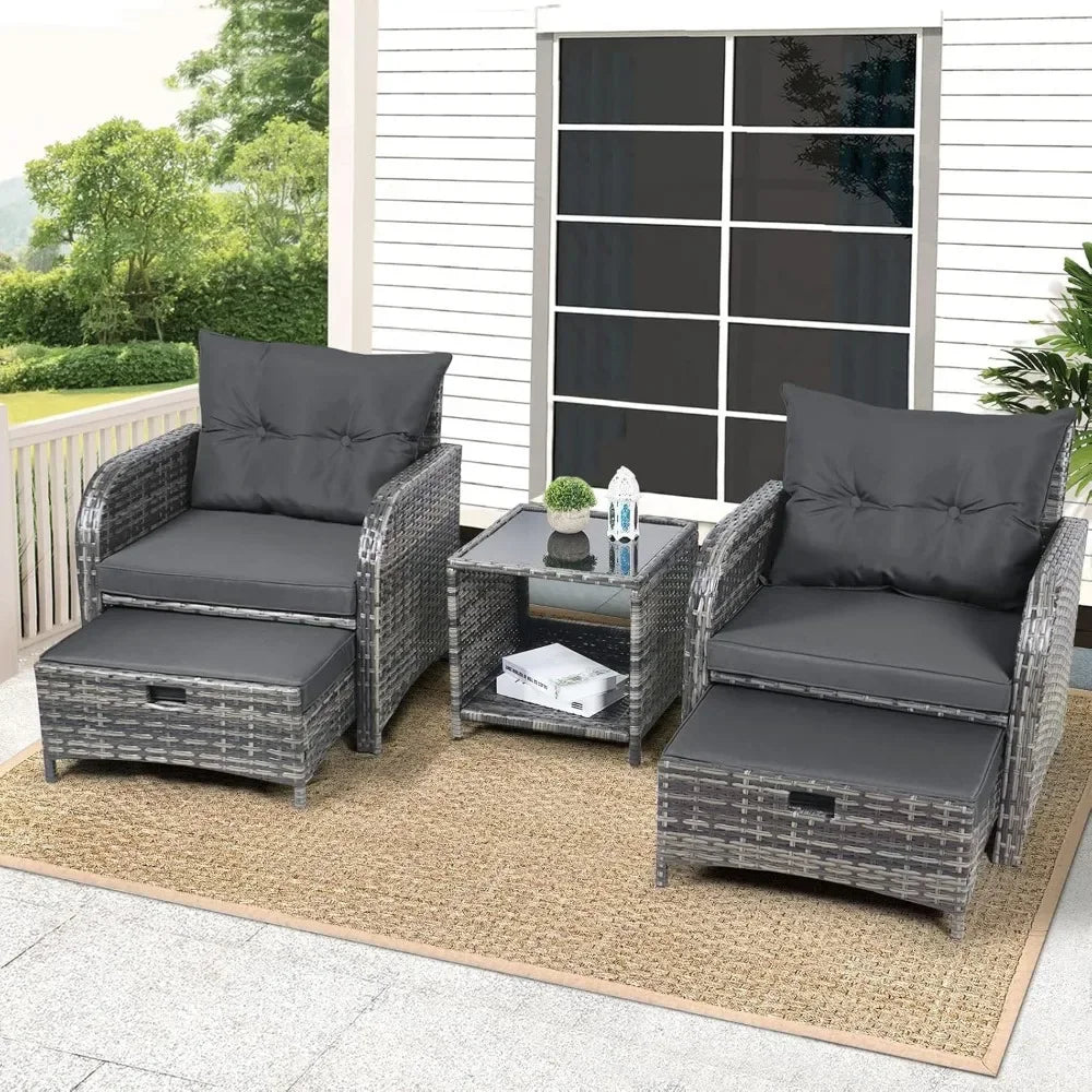 5 Pieces Wicker Outdoor Patio Chairs Set with Ottoman, Patio Furniture Set with Foot Rest Underneath, PE Rattan Garden Arm Chair