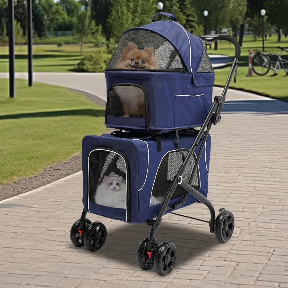 Double Pet Stroller,3.07lbs Dog Cat Carrying Cart,Lightweight Foldable Pet Stroller with 4 Wheels,Blue Portable Compact Pet Trav