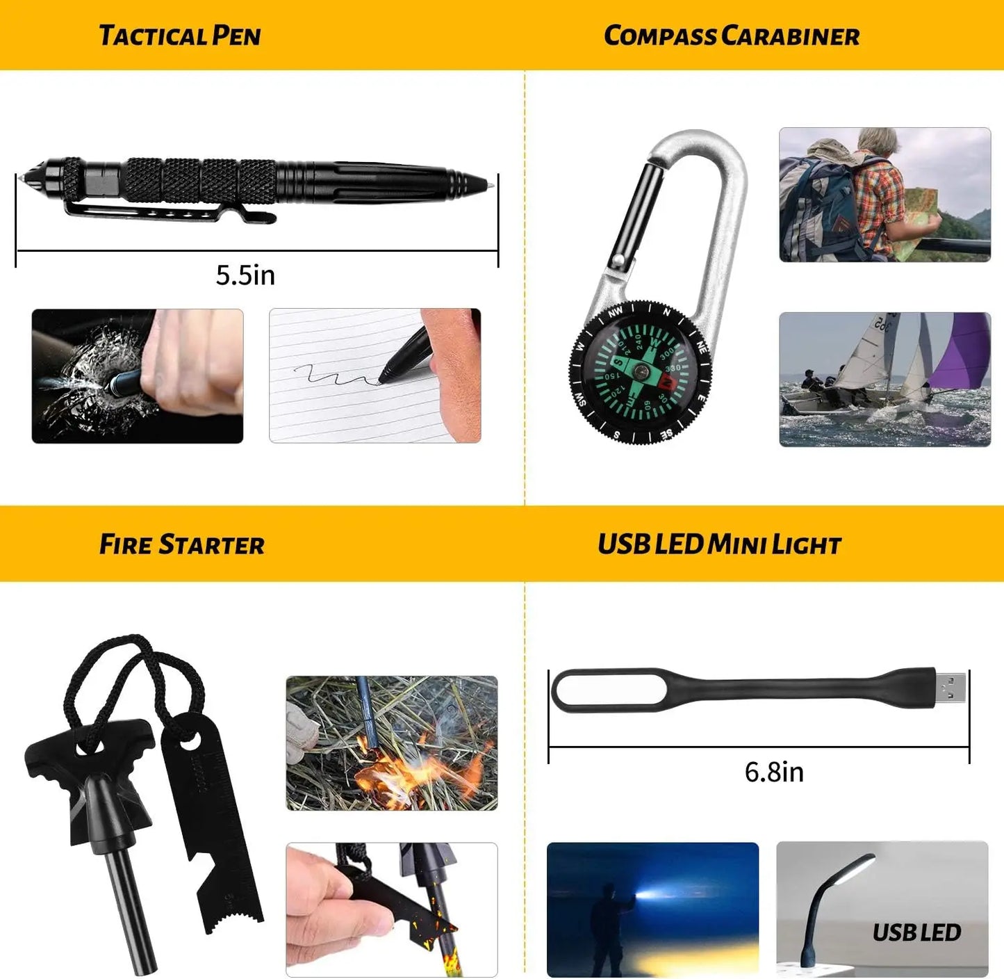 Emergency Survival Gear Kits 60 in 1, Outdoor Survival Tool with Emergency Bracelet Whistle Flashlight Pliers Pen Wire Saw